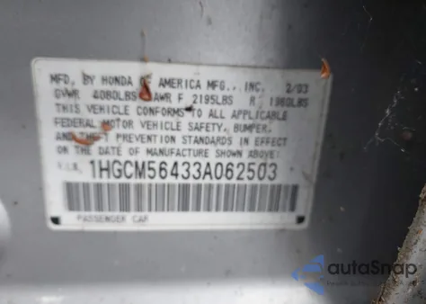 2003 Honda Accord 2.4 Lx z USA, uszkodzony, nr VIN 1HGCM56433A062503